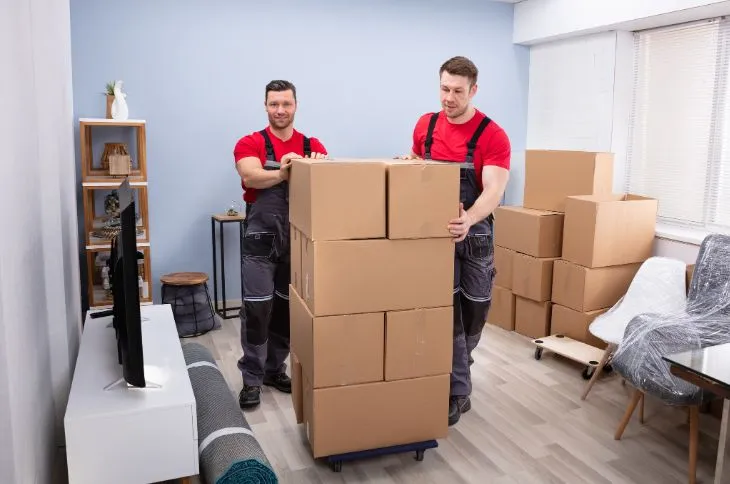 Umzugshelfer transportieren Kartons Umzugshelfer transportieren Kartons